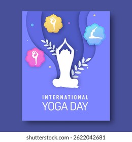 International Yoga Day Post with Silhouette Female Doing Yoga in Different Poses on Abstract Paper Cut Purple Background.