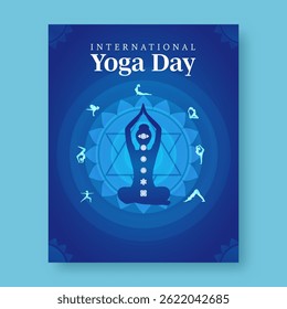 International Yoga Day Post with Silhouette Illustration of Women's Doing Yoga in Different Pose on Blue Background.