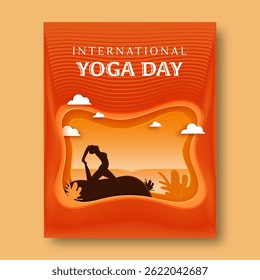 International Yoga Day Post with Silhouette Woman Practice Yoga Utthita Ashwa Sanchalanasana(High Lunge) Pose at Nature View Paper Cut Illustration.