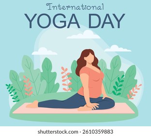 International yoga day poster with curvy woman practicing yoga. Illustration with a girl doing fitness outdoors