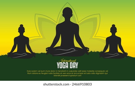 International Yoga Day poster design with silhouette vector of man and women's yoga exercises and meditation