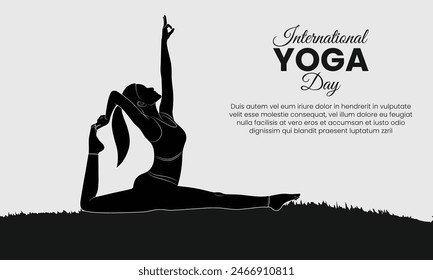 Diseño de póster del Día Internacional del Yoga con un Vector de silueta de una mujer haciendo ejercicios y postura de yoga