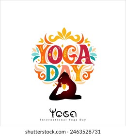 Afiche del Día Internacional del Yoga, ilustración de una mujer haciendo ejercicio y pose de yoga, celebración del Día del Yoga