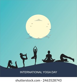 International Yoga Day poster, illustration of a woman doing yoga exercise and pose, Yoga day celebration