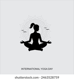 Afiche del Día Internacional del Yoga, ilustración de una mujer haciendo ejercicio y pose de yoga, celebración del Día del Yoga