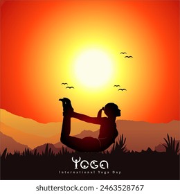 Afiche del Día Internacional del Yoga, ilustración de una mujer haciendo ejercicio y pose de yoga, celebración del Día del Yoga