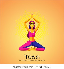 International Yoga Day poster, illustration of a woman doing yoga exercise and pose, Yoga day celebration