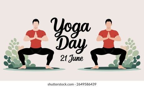 International Yoga Day Poster with Male Figure Practicing Yoga Squat and Meditation