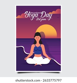 International yoga day poster template design. Woman doing yoga pose