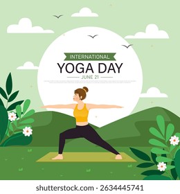 International yoga day poster template design.Woman doing yoga pose, vector illustration.