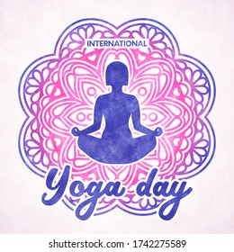 International Yoga day poster. Vector greeting card with girl silhouette in meditation and mandala pattern with watercolor texture. Spiritual health practice. Meditating woman in lotos pose