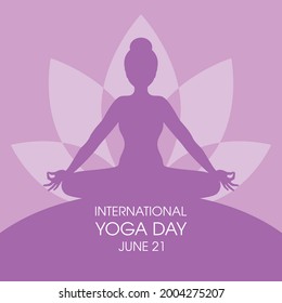 International Yoga Day Poster with woman in yoga position silhouette vector. Meditating woman purple icon vector. Young woman in sitting yoga lotus pose vector. June 21, Important day