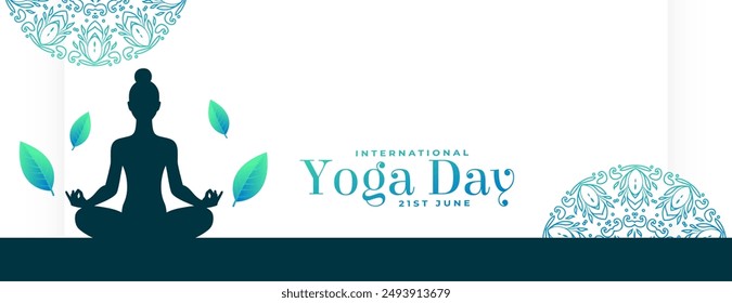 international yoga day poster woman in posture with falling leaves vector