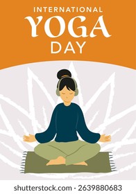 International Yoga Day Poster with Woman Meditating – Wellness and Mindfulness Vector Illustration