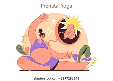 International yoga day. Pregnant woman in a sportswear doing yoga and meditation. Healthy lifestyle during pregnancy. Relaxation practices, stretching and breathing exercise. Flat vector illustration