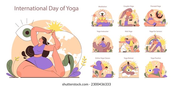 International yoga day set. Diverse people in a sportswear doing yoga and meditation. Mindfulness and relaxation practices, stretching and breathing exercise. Flat vector illustration