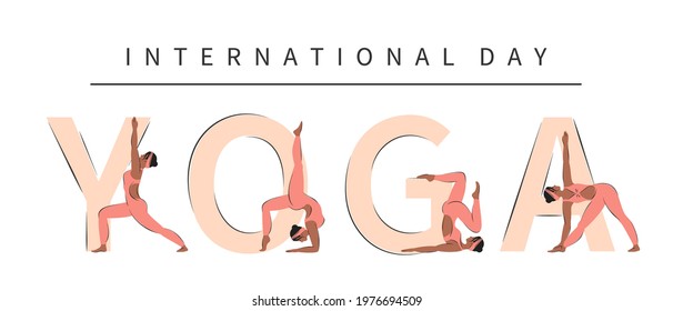 International Yoga Day. Set Yoga poses set. African-american woman various yoga. Flat vector illustration.