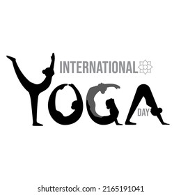 international yoga day. silhouette yoga body posture font. Women practicing yoga. vector illustration design