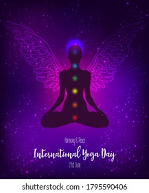 International Yoga Day. Silhouette in lotus position with wings over night sky background. Vector illustration. New age symbol, inner light, sacred geometry, kundalini, chakra, natural healing.