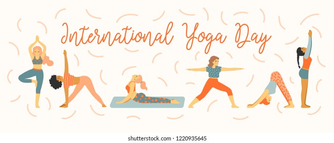 International Yoga Day. Simplified illustration of different women in easy yoga poses, trendy hand drawn style. Isolated vector elements, great for concept & editorial design, pattern making etc.
