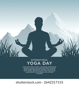 International yoga day social media post background, square banner of silhouette a man doing yoga pose meditation with snowy mountains background with copy space template