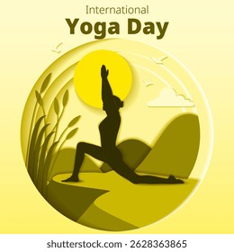 International Yoga Day. Square template. Anjaneyasana pose. Crescent Lunge on the Knee pose. Paper cut design. Isolated vector illustration