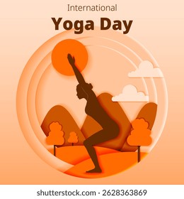 International Yoga Day. Square template. Utkatasana or Chair pose. Paper cut design. Isolated vector illustration