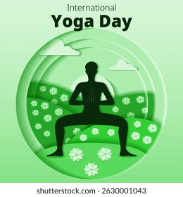 International Yoga Day. Square template. Utkata Konasana pose. Goddess pose. Paper cut design. Isolated vector illustration