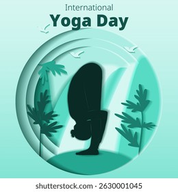 International Yoga Day. Square template. Uttanasana pose. Standing Forward Bend pose. Paper cut design. Isolated vector illustration