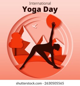 International Yoga Day. Square template. Trikonasana pose. Triangle pose. Paper cut design. Isolated vector illustration