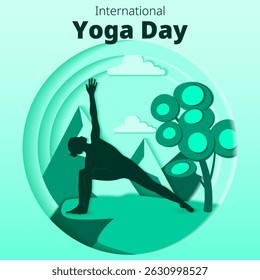 International Yoga Day. Square template. Parshvakonasana pose. Side Angle pose. Paper cut design. Isolated vector illustration