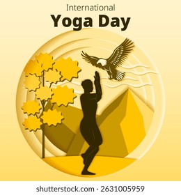 International Yoga Day. Square template. Garudasana pose. Eagle pose. Paper cut design. Isolated vector illustration