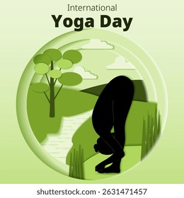 International Yoga Day. Square template. Padangushthasana pose. Big Toe pose. Paper cut design. Isolated vector illustration