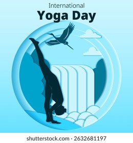 International Yoga Day. Square template. Urdhva Prasarita Eka Padasana pose. Standing Splits pose. Paper cut design. Isolated vector illustration