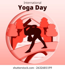International Yoga Day. Square template. Parshvottanasana pose. Pyramid pose. Paper cut design. Isolated vector illustration