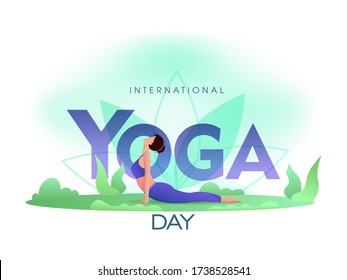 International Yoga Day Text with Cartoon Young Woman Practicing Bhujangasana Yoga Pose on Nature View.
