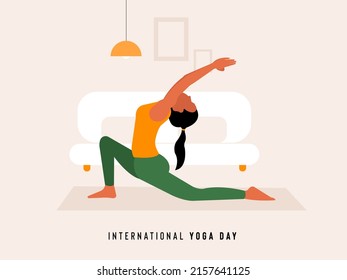 Texto del Día Internacional del Yoga con una mujer practicando el vector del yoga en el hogar ilustración de fondo para el diseño de pancartas