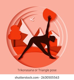 International Yoga Day. Trikonasana pose. Triangle pose. Paper cut design. Isolated vector illustration.