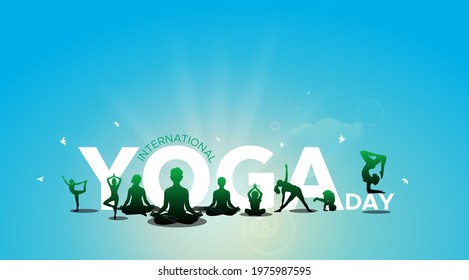 International Yoga day. typography meditation and breathing exercises to recover enhance lung power. Covid 19 Corona virus pandemic