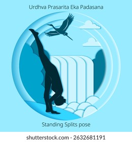 International Yoga Day. Urdhva Prasarita Eka Padasana pose. Standing Splits pose. Paper cut design. Isolated vector illustration.