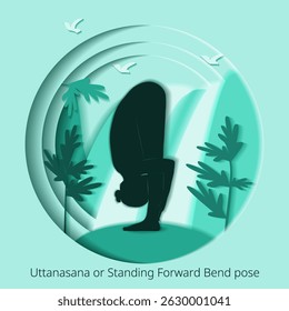 International Yoga Day. Uttanasana pose. Standing Forward Bend pose. Paper cut design. Isolated vector illustration.