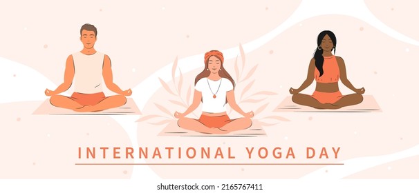 International Yoga Day. Various people practicing yoga together and meditating. Vector illustration