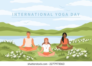 International Yoga Day. Various people practicing yoga together and meditating on nature. Healthy lifestyle, open air workout, physical exercising. Vector illustration