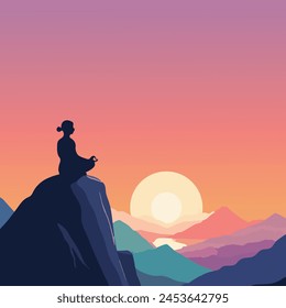 International Yoga Day | Yoga Vector Art | A silhouette of a woman doing yoga in front of a mountain at sunrise