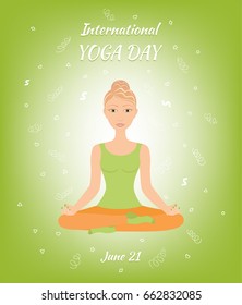 International Yoga Day. Vector card. A young woman dressed in sportswear is engaged in yoga. 