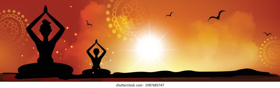 International Yoga Day Vector Illustration Website Banner Design Background.