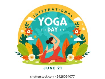 International Yoga Day Vector Illustration on June 21 with Woman Doing Body Posture Practice or Meditation in Healthcare Flat Cartoon Background