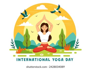 International Yoga Day Vector Illustration on June 21 with Woman Doing Body Posture Practice or Meditation in Healthcare Flat Cartoon Background