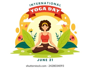 International Yoga Day Vector Illustration on June 21 with Woman Doing Body Posture Practice or Meditation in Healthcare Flat Cartoon Background