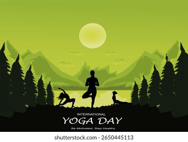 International yoga day vector illustration June 21. Woman doing yoga pose.